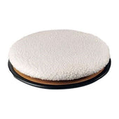 Round white fluffy swivel seat pad with black base, shown from above.