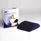 Navy blue Restwell Back Rest Cushion beside its box with image of woman using it on an office chair, front view.