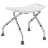 Folding shower stool with adjustable height, aluminium legs and non-slip feet, shown front view.