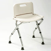 White folding shower chair with aluminium legs, adjustable height, backrest and handle cutout, front angle view.
