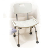 Adjustable height shower chair with high back, side handles and non-slip seat, white frame, front view.