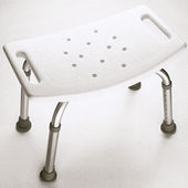 Adjustable height shower stool with handles, drainage holes, and metal legs with rubber feet, front angle view.