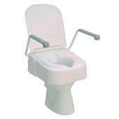 Drive raised toilet seat with armrests, tool-free attachment, white plastic, extra height for support, front view.