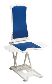White and blue Drive Bellavita recliner bath lift with high backrest and side flaps, for bathing support, front view.