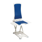 White and blue Drive Bellavita recliner bath lift with high backrest and side flaps, for bathing support, front view.