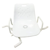 Swivel bath seat with armrests, drainage holes, white plastic seat and steel base on a tiled floor, angled side view.