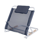 Drive bed back rest with adjustable mesh back, padded headrest and metal frame, side view.
