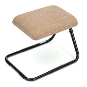 Small adjustable foot stool with foam-padded angled top and black metal frame, front angle view.