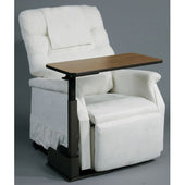 Drive Over Chair Table, right handed, placed across a white cushioned riser recliner armchair, front view.