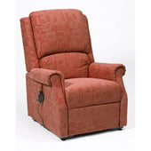Terracotta Restwell Chicago electric riser recliner chair with single motor and left-arm remote on white background, front view.
