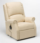 Beige electric riser recliner chair with rolled arms, lift rest and wired remote control, front view.