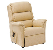 Gold Restwell Nevada dual motor riser recliner chair with padded armrests, backrest, and remote pocket, front angle view.