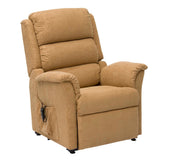 Gold Restwell Nevada dual motor riser recliner chair with padded arms, side pocket and remote, front view.