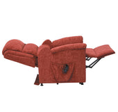 Gold Restwell Nevada dual motor riser recliner chair, fully reclined with footrest raised and side pocket visible, side view.
