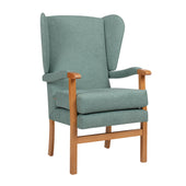 Green wingback high seat chair with wooden arms and legs, angled left view.