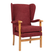 Restwell Jubilee High Seat Chair in Mineral fabric with wooden legs and arms, white background, front view.