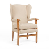 Beige wingback high seat chair with wooden arms and legs, mineral fabric finish, front angle.