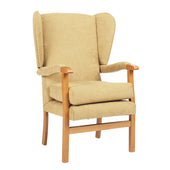 Restwell Jubilee high seat chair with ochre fabric, wooden arms and legs, front angle view.