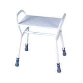 Aidapt Rochester shower stool with adjustable height, perforated seat, back handle and four rubber feet, front angle view.