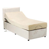 Restwell adjustable hospital bed with raised backrest and memory foam mattress on wheeled frame, side view.