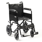 Drive Basic Transit steel wheelchair with armrests and adjustable footplates, lightweight design, white background, front angle.