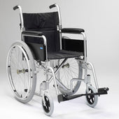 Aluminium wheelchair with black seat and backrest, silver frame, large rear wheels, small front wheels, side view.