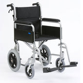 Enigma Basic Transit aluminium wheelchair with black seat and silver frame, side view.