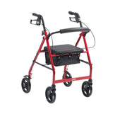 Red lightweight folding rollator with hand brakes, padded seat, storage pouch and four wheels, side view.