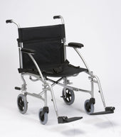 Enigma lightweight travel wheelchair with large rear wheels, footrests and armrests on white background, angled front view.