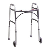 Silver and grey walking frame with two front wheels, adjustable height, standing position, front view.