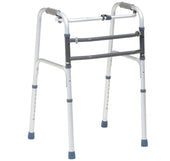 Lightweight adjustable walking frame with rubber-tipped legs and padded grips, front view.