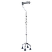 Height-adjustable aluminium quad cane with grey handle and four rubber feet for stability, side view.