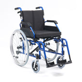 Red Enigma XS aluminium self-propel wheelchair with deluxe seat cushions, footrests and quick release wheels, side view.