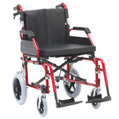 Red Enigma XS aluminium wheelchair with padded seat, cushioned armrests and small rear transit wheels, side view.