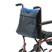 Drive wheelchair back cushion and holdall with blue flap on red wheelchair, rear view.