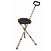 Drive adjustable walking stick with built-in round seat, three legs and a top handle, shown from side view.