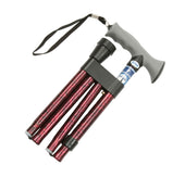 Red folding walking stick with ergonomic gel handle and collapsible shaft, side view.