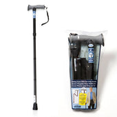 Black folding walking stick with gel handle shown unfolded on left, packaged with instructions and product photo on right, front view.