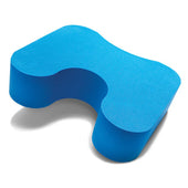 Blue, bone-shaped foam footstool with curved indentations for sitting support, front view.