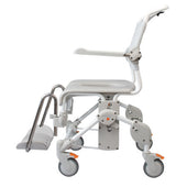 White, height-adjustable shower commode chair with foldable armrests, footrests and wheels, front view.