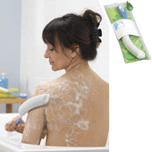 Etac Body Washer with long handle in use by a woman in the bath, packaging shown in inset, side view.
