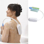 Woman using Etac Back Washer with spare wash cloth and product shown on right, in use view.