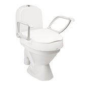 Etac Cloo raised toilet seat with foldable armrests, shown from a front angle.