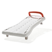 White Etac bath board with a red handle for support, designed to fit across a bathtub, shown from above.