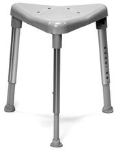 Blue Etac Edge Corner Shower Stool with height adjustable metal legs and rubber feet, angled front view.