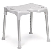 Blue Etac Swift Shower Stool with adjustable metal legs and rubber feet, front angle view.