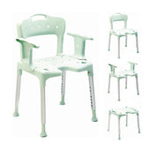 Blue Etac Swift shower stool with armrests, backrest and hygiene cut out, shown from different angles on white background.