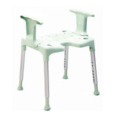 Green shower stool with armrests and adjustable aluminium legs, designed for bathroom use, side view.