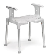 Green Etac Swift shower stool with armrests, adjustable height, for bathroom use, front angle view.