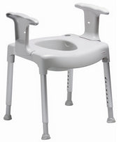 Grey freestanding toilet seat raiser and shower chair with open seat and raised armrests, front angle view.